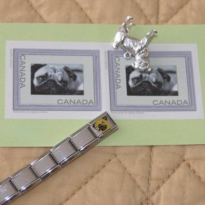 PUG lot   Charm, 2 Stamps, Bracelet Link